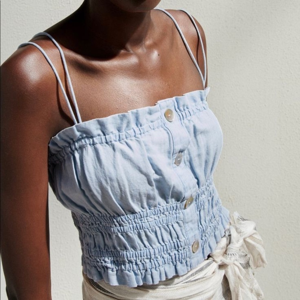 Zara Light Blue Linen Crop Top With Ruched Ruffle